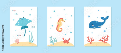 Collection of interior posters with marine animals on white background. Stingray, seahorse and whale. Character in children's style. vector illustration.