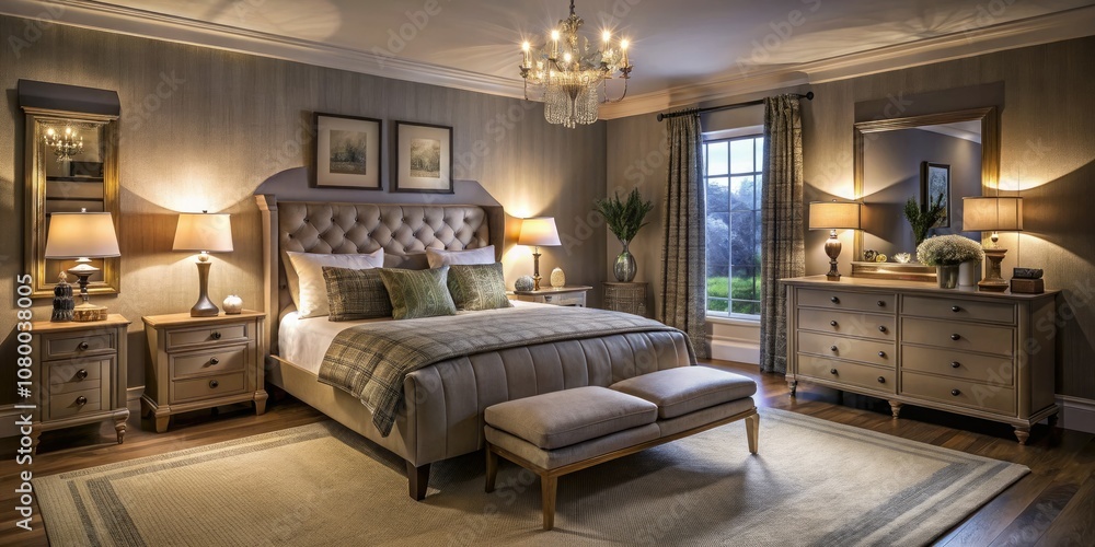 Naklejka premium Transform your space with stylish bedroom furniture in Inverness, blending cozy charm with elegant design, creating a welcoming atmosphere for your home décor.
