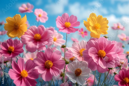 Vibrant Spring Meadow with Pink and Yellow Cosmos Flowers Under a Blue Sky