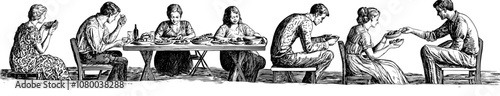 Grisly, fat characters eating unhealthy fast food. A gluttonous concept. Fat chubby characters with fatty snacks. A modern flat illustration on a white background.