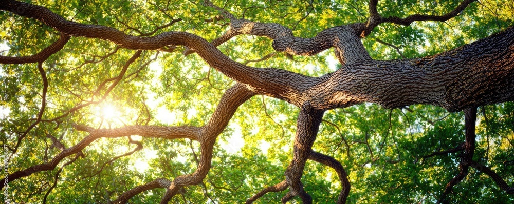 Naklejka premium Tree branches with lush green leaves, sunlight filtering through.