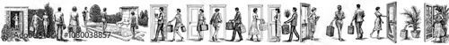 In this hotel set, guests, staff, doorman, porter, maid, concierge, and restaurant services are shown. Tourists check-in at reception. Isolated white flat graphic illustration.