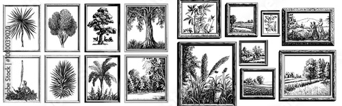 An exhibition of medieval paintings, historic portraits, landscapes. Old nostalgic memories. Faux modern illustration. Framed photos on the wall. Graffiti on the floor. Family history and memories