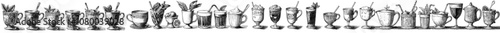 The cup of coffee shows a variety of drinks, including espresso, americano, cappuccino, and latte, and iced macchiato. The illustration is white and flat and showcases many different drinks.