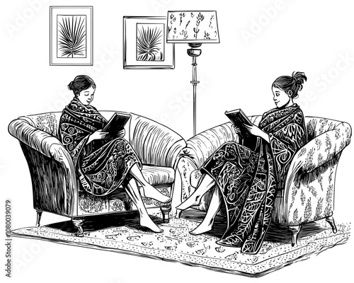 During the cold winter evening, a woman is reading a book in her warm home. She is wrapping herself in a blanket and resting in a cozy armchair with some tea after a long day. Flat graphic modern