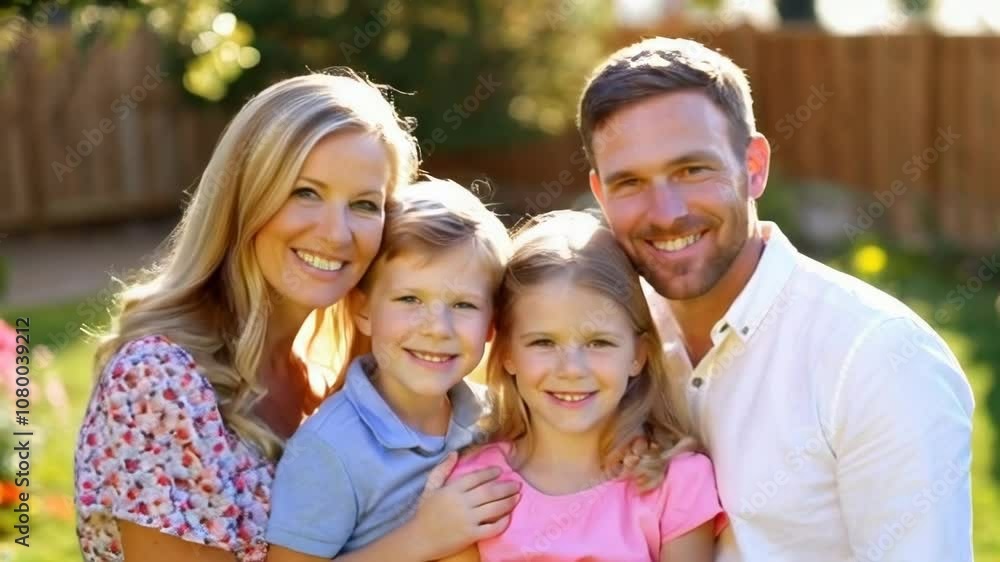 Happy family of four smiling and embracing each other in a sunny backyard garden. Depicts warmth, togetherness, and family bonding. Happy family of four smiling and embracing each other in a sunny backyard garden. Depicts warmth, togetherness, and family bonding.