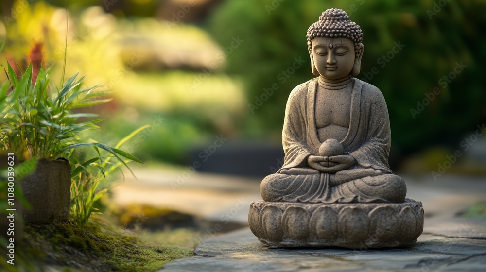 A serene stone Buddha statue sits peacefully in a lush garden during golden hour, surrounded by green foliage and blooming plants A serene stone Buddha statue sits peacefully in a lush garden during golden hour, surrounded by green foliage and blooming plants
