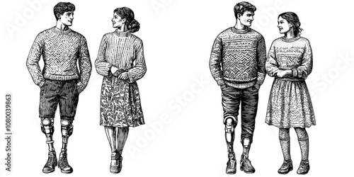 Couple holding hands. Man with a disability wearing a prosthetic artificial leg, bionic prosthesis and a woman with a prosthetic artificial leg. Flat, modern illustration isolated on white.