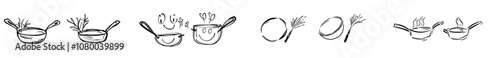 An icon of kitchenware. Cartoon line kitchenware: pans, skillets. Cooking pot, frying pan, saucepan. Cooking pots. Non-stick non-stick material.