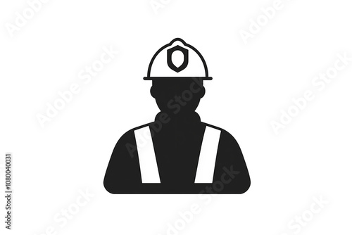 PNG cut out isolated background. A minimalist black and white silhouette icon representing a fireman or industrial worker wearing a hard hat and overalls. 