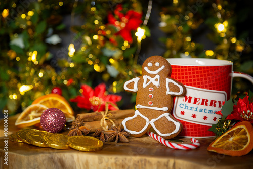 Merry Christmas mug filled with hot chocolate with a gingerbread man leaning against it. Surrounded by festive decorations including chocolate coins and baubles. Christmas tree lights background. photo