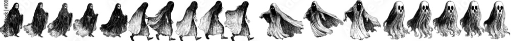 Naklejka premium Halloween ghost silhouettes set on an isolated white background, large pack of modern silhouettes