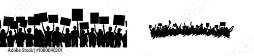 Protesters, people who are furious, silhouettes of enraged crowds with raised hands, flags, and iconic protester raising fist.