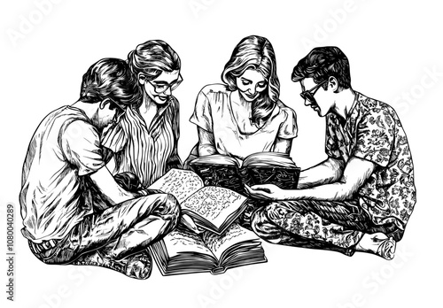 In a literature club, young readers are enjoying the books. Learning, knowledge concept. Modern flat illustration isolated on white background.