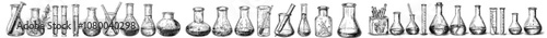A set of laboratory glassware. Chemistry laboratory liquids, reagents in tubes, flasks, beakers for science research. Flat graphic modern illustrations isolated on a white background.