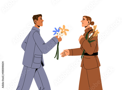 Man gives flowers to woman soldier, thanks for victory. Happy person presents bouquet, congratulates with war end. People celebrate memorial day. Flat isolated vector illustration on white background