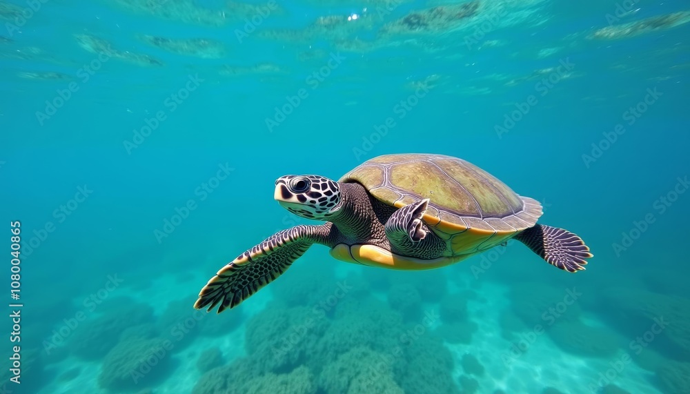 Naklejka premium Sea turtle gracefully gliding through the ocean depths