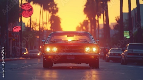 Iconic Red Convertible Driving Through City Streets at Sunset with Vintage Design, Palm Trees, and Nostalgic Summer Vibes, Generative AI, Generative AI, Generative AI