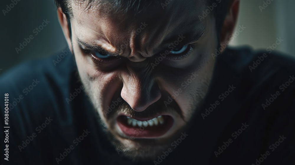 Intense expression of anger from a young man in a dimly lit room capturing raw emotions at dusk Intense expression of anger from a young man in a dimly lit room capturing raw emotions at dusk