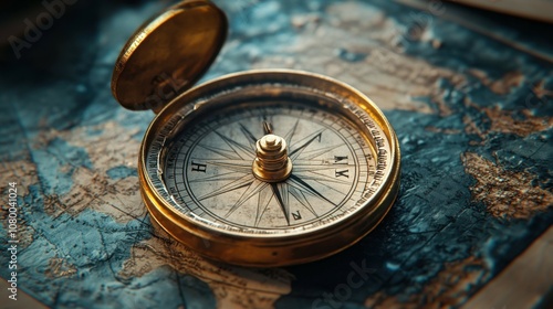 Elegant vintage compass on an ancient map, symbolizing exploration, adventure, and guidance. Ideal for themes of travel, history, or navigation photo