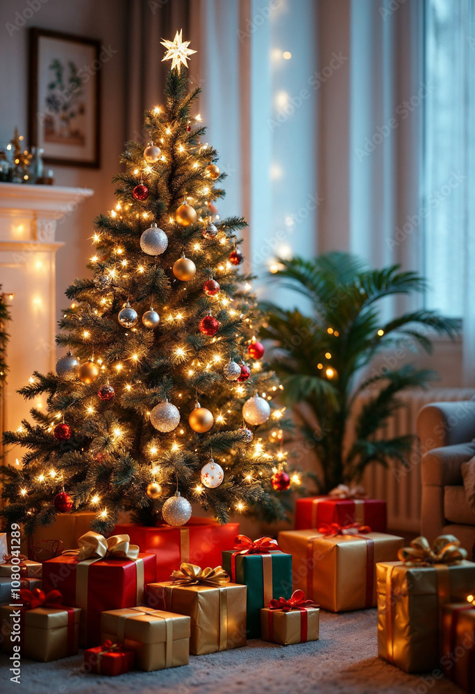 A cozy living room with a decorated Christmas tree, gifts, and festive decorations.
A cozy living room with a decorated Christmas tree, gifts, and festive decorations.
