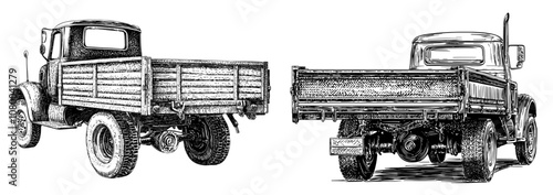 An empty pick up truck from the rear. Simple flat illustration.