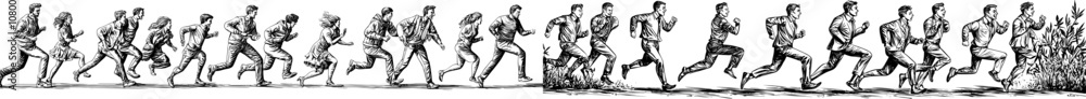 Rushing, running at fast speeds. Angry busy characters late, hurrying on urgent business. Determinate men, women moving forward set on white background. Rushing, running at fast speeds. Angry busy characters late, hurrying on urgent business. Determinate men, women moving forward set on white background.