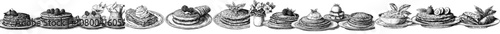 An American pancake stack with jam, berries, maple syrup, chocolate topping, honey, bacon. Modern flat illustrations isolated on white.