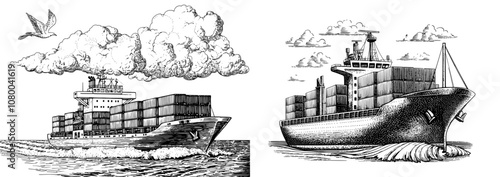 An illustration of a container ship sailing on the sea in the rear view. Simple flat design.