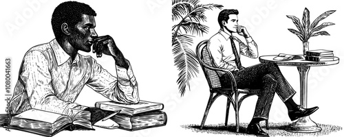 Studying man reading book. Learning science, business and preparing for tests. Happy bookworm reader. Education, knowledge concept. Flat modern illustration isolated on white.