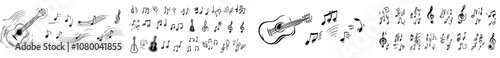 An illustration of musical notes on a stave with a guitar line pattern. Notes of a guitar on a stave and a comical guitar en treble key. Classic Doodle clef quaver G melody.