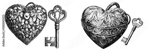 A red forged lock shaped like a heart with its key. A sign of strong love and marriage. A wedding attribute on a light background. A symbol of romantic feelings. Valentine's Day.