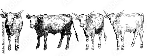 The latest cattle silhouettes, featuring diverse breeds of cows. Perfect for branding farms, ranches. Black & white background. Bulls, cows, standing, walking, running.