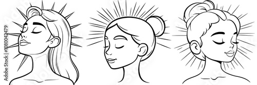 People in black and white with rays emanating from their heads