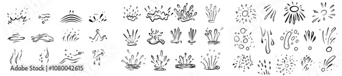 Handdrawn ink sketch of water drops doodle icon. Set of decorative drops splashes.