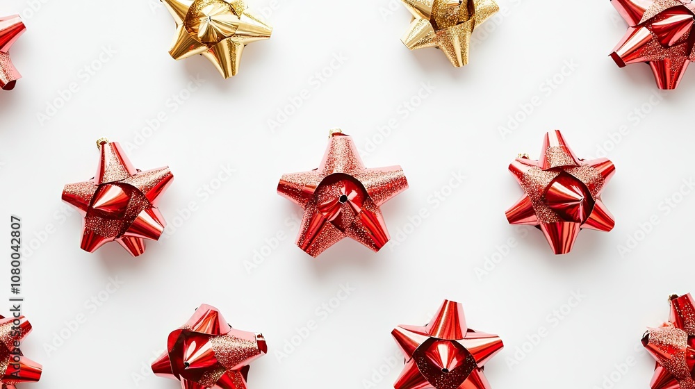 Red and Gold Star-Shaped Gift Bows on a White Background Red and Gold Star-Shaped Gift Bows on a White Background