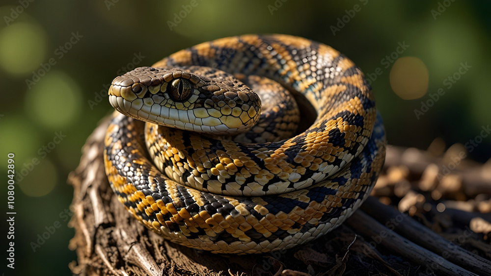Camouflaged Viper Coiled on Sunlit Branch in Late Afternoon Light - Generated by AI. Camouflaged Viper Coiled on Sunlit Branch in Late Afternoon Light - Generated by AI.