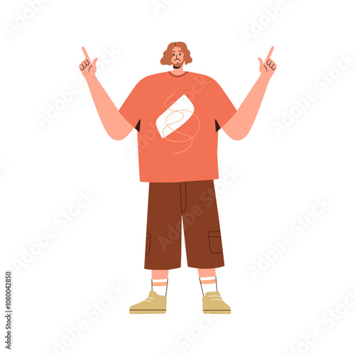 Man pointing up with index fingers. Happy smiling person showing on top with ...