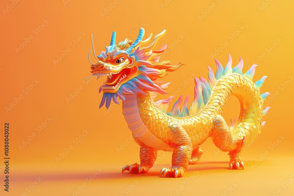 A colorful dragon stands on a red background A colorful dragon stands on a red background