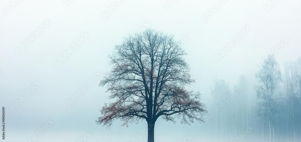 Fototapeta premium Lone tree in foggy landscape with grazing animals, serene and tranquil scene.