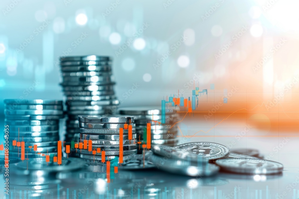 Close-up of stacks of coins representing financial growth and market trends. Close-up of stacks of coins representing financial growth and market trends.