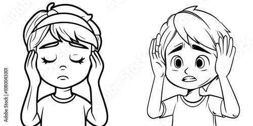 People holding their heads. Migraine. Editable stroke width. Headache at a distance, linear style.