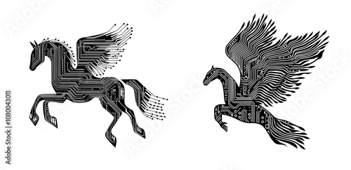 Cyberpunk illustration of a pegasus silhouette
