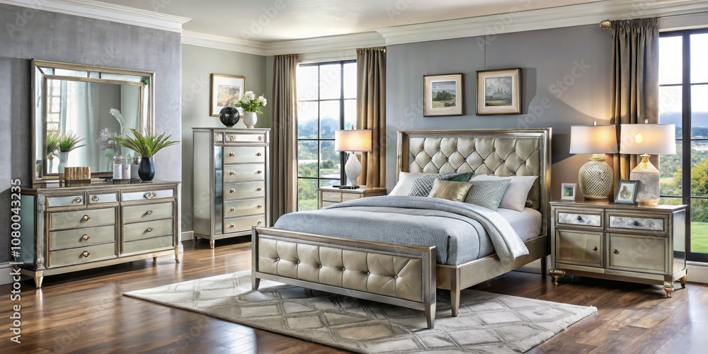 Naklejka premium Transform your space with an elegant mirrored bedroom set, featuring modern furniture designs that elevate stylish interiors while providing a cozy and inviting atmosphere.
