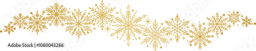 Elegant gold gradient snowflake vector banner, snow illustration winter holiday border, decorative isolated clip art design