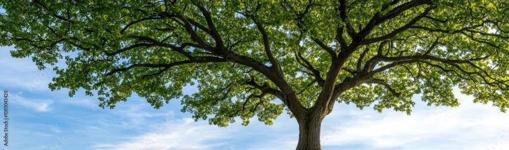 A large green tree in a lush landscape under a bright blue sky. A large green tree in a lush landscape under a bright blue sky.