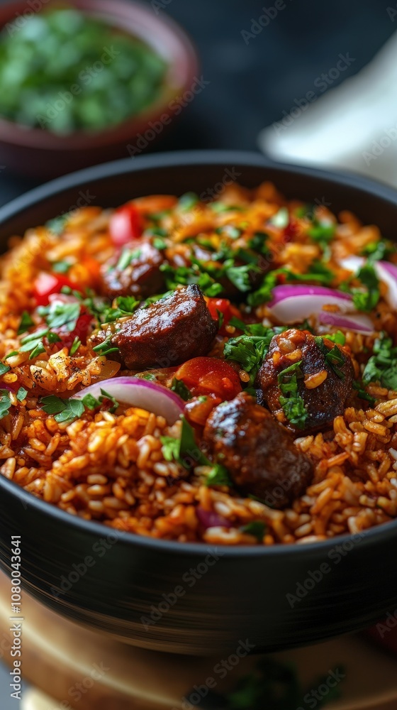 Delicious bowl of spicy rice with vegetables and herbs, perfect for a warm meal or festive occasion. Delicious bowl of spicy rice with vegetables and herbs, perfect for a warm meal or festive occasion.