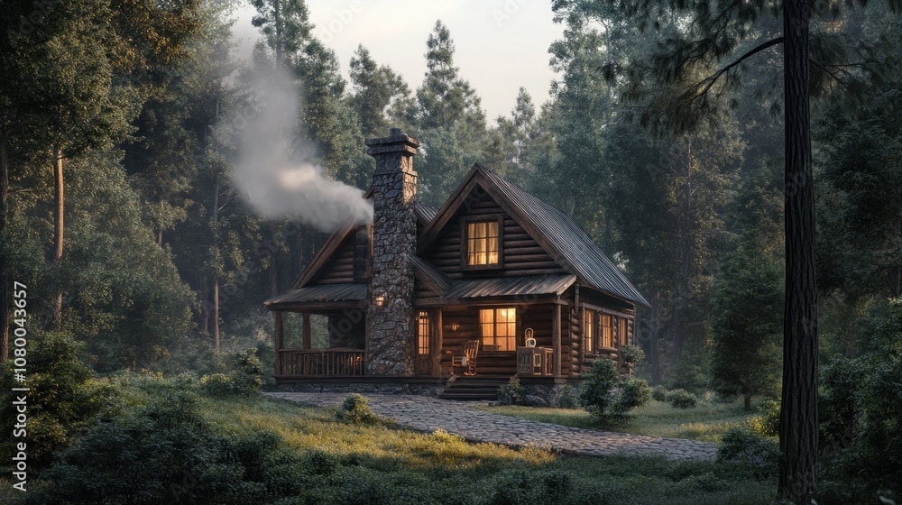 A Cozy Cabin in the Woods with Smoke Rising from the Chimney A Cozy Cabin in the Woods with Smoke Rising from the Chimney