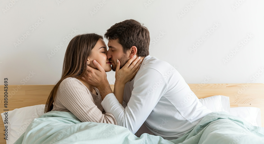 Romantic Couple Sharing a Gentle Kiss in Bed Romantic Couple Sharing a Gentle Kiss in Bed