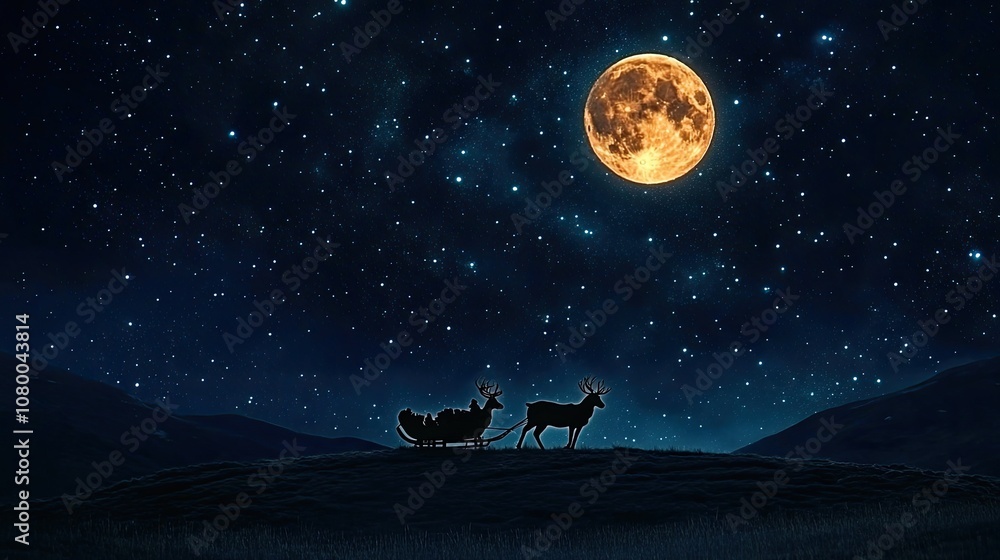 Silhouette of Santa's Sleigh with Reindeer under a Starry Night with a Full Moon Silhouette of Santa's Sleigh with Reindeer under a Starry Night with a Full Moon